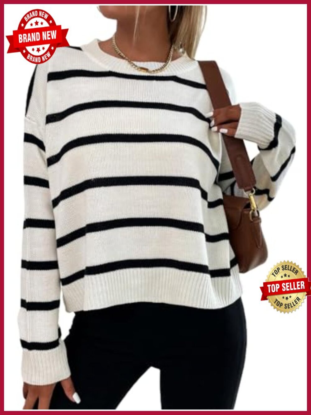 Women's Striped Oversized Knit Sweater Pullover Crew Neck Drop Shoulder Fall